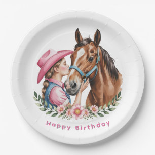 Pink Cowgirl Kissing a Horse Birthday Party Paper Plates