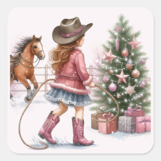 Pink Cowgirl Lassoing Christmas Square Sticker