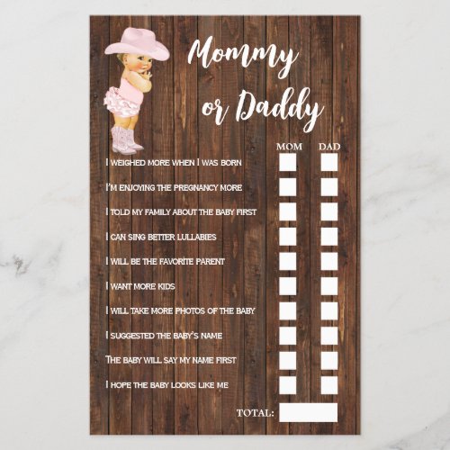 Pink Cowgirl Mom or Dad Said Baby Shower Game Card Flyer