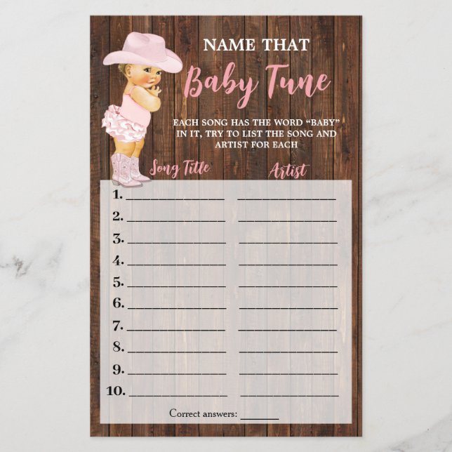 Pink Cowgirl Name that Baby Tune Shower Game Card Flyer (Front)