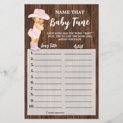Pink Cowgirl Name that Baby Tune Shower Game Card Flyer