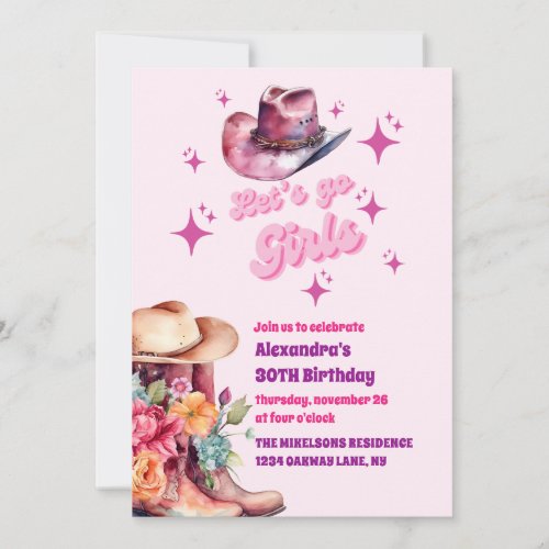 Pink Cowgirl Nashville Lets Go Girls Birthday Invitation