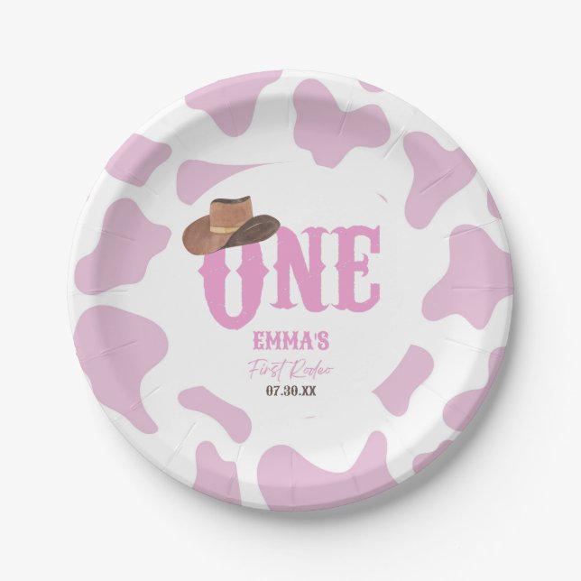 Pink Cowgirl ONE First Rodeo 1st Birthday Party Paper Plates (Front)