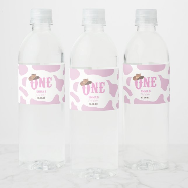 Pink Cowgirl ONE First Rodeo 1st Birthday Party Water Bottle Label (Bottles)