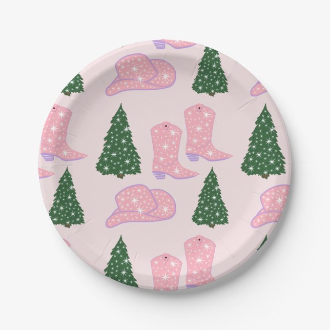 Pink Cowgirl Rodeo Hat Christmas Tree Paper Plates (Front)