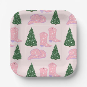 Pink Cowgirl Rodeo Hat Christmas Tree Square Paper Plates