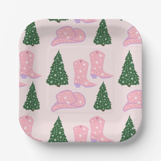 Pink Cowgirl Rodeo Hat Christmas Tree Square Paper Plates (Front)