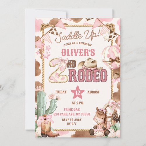 Pink Cowgirl Saddle Up Second Rodeo Birthday Invitation