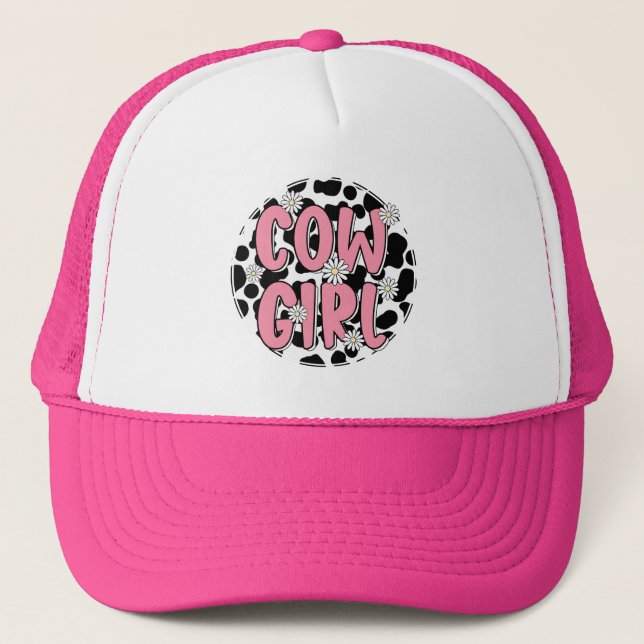 Pink Cowgirl Typography Daisy Cute Trucker Hat (Front)