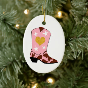 Pink Cowgirl Western Boot Christmas Ceramic Ornament