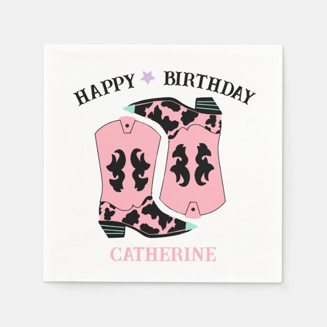 Pink Cowgirl Western Boots Ranch Cowboy Birthday Napkins (Front)