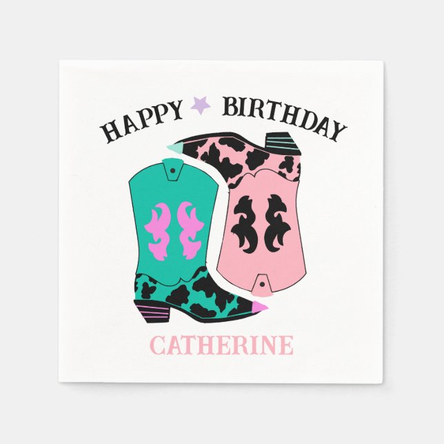 Pink Cowgirl Western Boots Ranch Cowboy Birthday Napkins (Front)