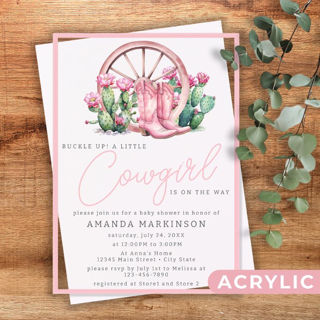 Pink Cowgirl Western Cactus Baby Shower Acrylic Invitations (Creator Uploaded)