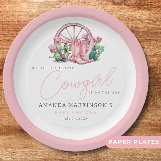Pink Cowgirl Western Cactus Baby Shower Paper Plates (Creator Uploaded)