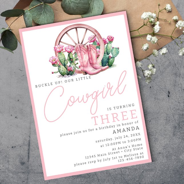 Pink Cowgirl Western Cactus Birthday Party Invitation (Creator Uploaded)