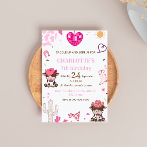 Pink Cowgirl Western Highland Cow Birthday Invitation