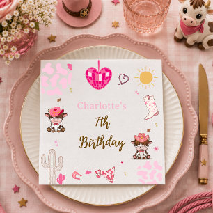 Pink Cowgirl Western highland cow Birthday Napkins