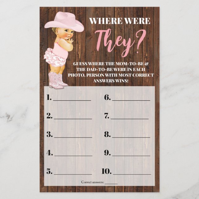 Pink Cowgirl Where Were They Baby Shower Game Card Flyer (Front)