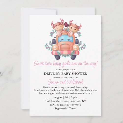 Pink Cows Pink Car Twin Girls Drive By Baby Shower Invitation