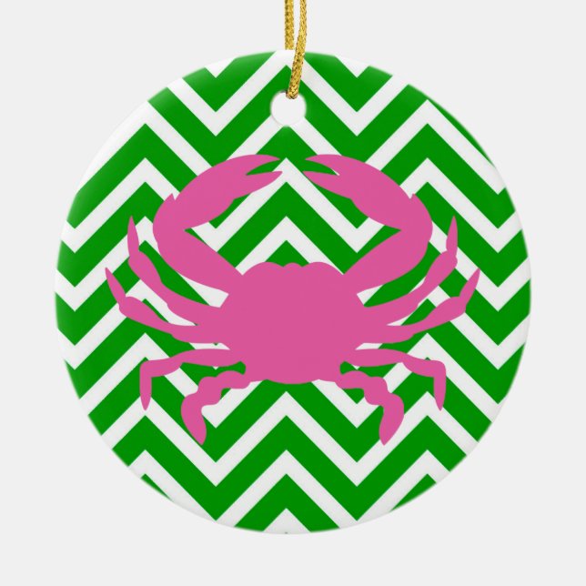 Pink Crab and Green Chevron Monogram Ceramic Ornament (Front)