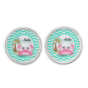 Pink Crab; Aqua Green Chevron Cufflinks