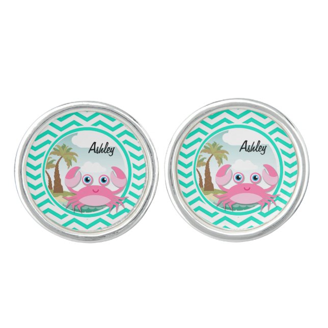 Pink Crab; Aqua Green Chevron Cufflinks (Front)