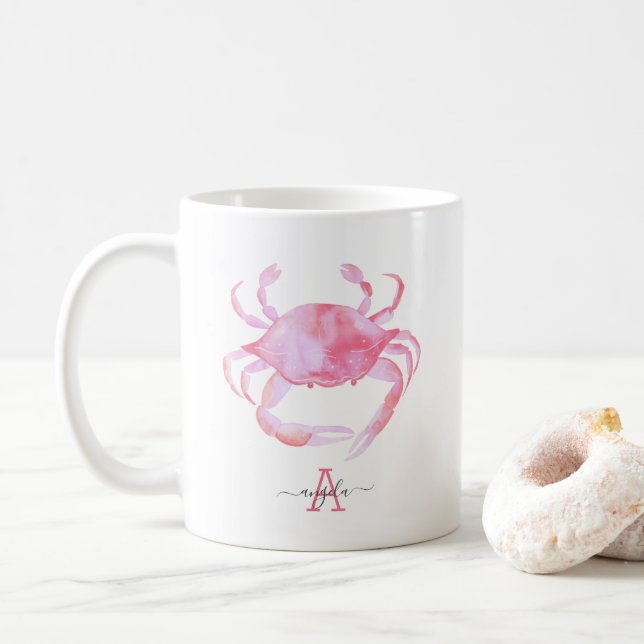 Pink Crab Beach Wood Design Coffee Mug (With Donut)