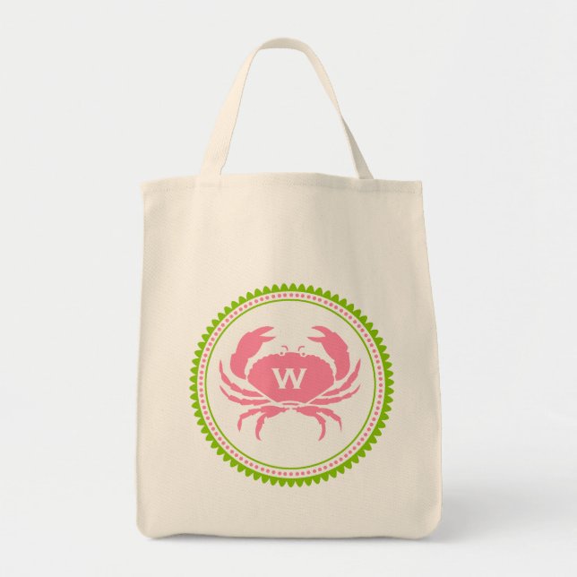 Pink Crab Monogram Grocery Bag (Front)