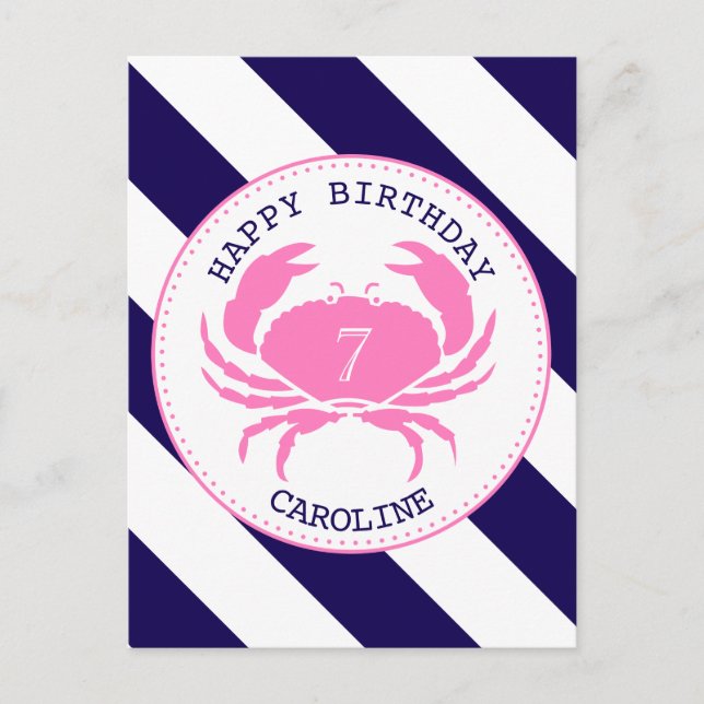 Pink Crab Nautical Birthday Invitation Postcard (Front)
