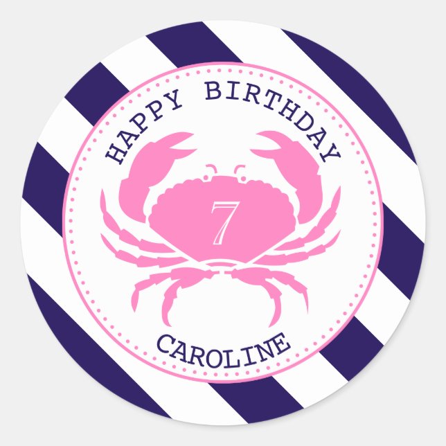 Pink Crab Nautical Birthday Party Invitation Classic Round Sticker (Front)