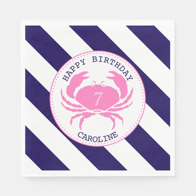 Pink Crab Nautical Birthday Party Napkins (Front)