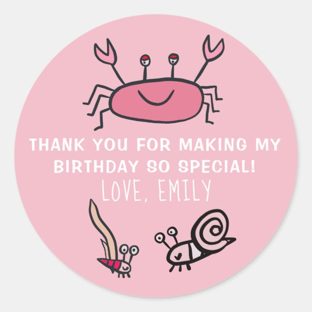 Pink Crab Sea Animal Girl Birthday Favor Sticker (Front)