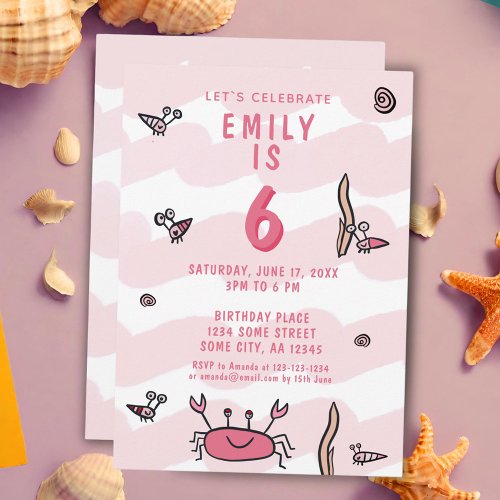 Pink Crab Sea Animals Girl Birthday Invitation