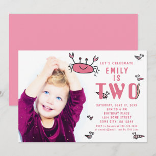 Pink Crab Sea Animals Girl Photo 2nd Birthday Invitation