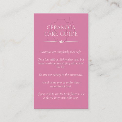 Pink Craft Pottery Clay Ceramic Care Instructions Business Card