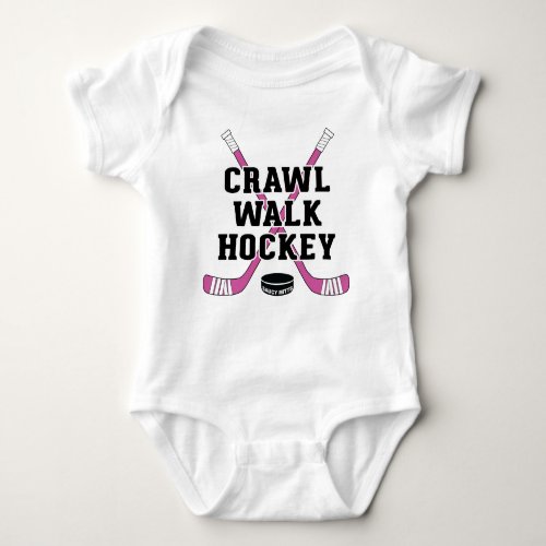 Pink Crawl Walk Hockey Sticks and Puck Baby Girl Baby Bodysuit