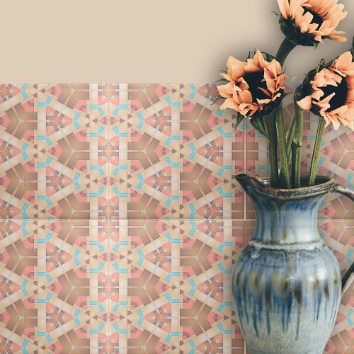 Pink Cream And Brown Abstract Geometric Pattern  Ceramic Tile