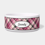 Pink, Cream And Dark Gray Plaid Pattern With Name Bowl<br><div class="desc">Lovely plaid pattern in pink,  cream and dark gray color scheme. There is also an oval shape banner that has a personalizable text area for the name of the pet. The font is a nice script font in dark gray color.</div>