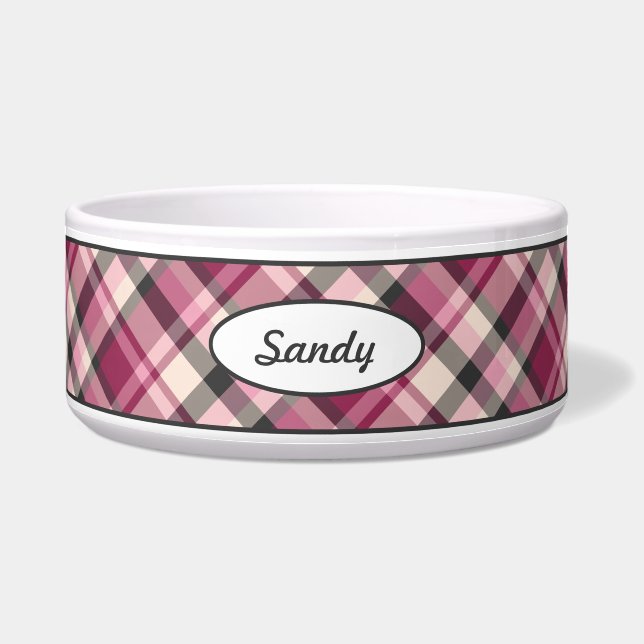 Pink, Cream And Dark Gray Plaid Pattern With Name Bowl (Front)