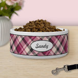 Pink, Cream And Dark Gray Plaid Pattern With Name Bowl<br><div class="desc">Lovely plaid pattern in pink,  cream and dark gray color scheme. There is also an oval shape banner that has a personalizable text area for the name of the pet. The font is a nice script font in dark gray color.</div>