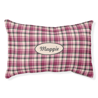 Pink, Cream And Dark Gray Plaid Pattern With Name Pet Bed