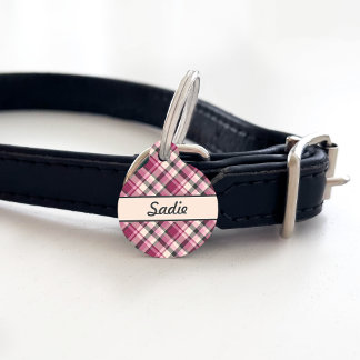 Pink, Cream And Gray Plaid Pattern & Custom Name Pet ID Tag
