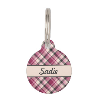 Pink, Cream And Gray Plaid Pattern & Custom Name Pet ID Tag