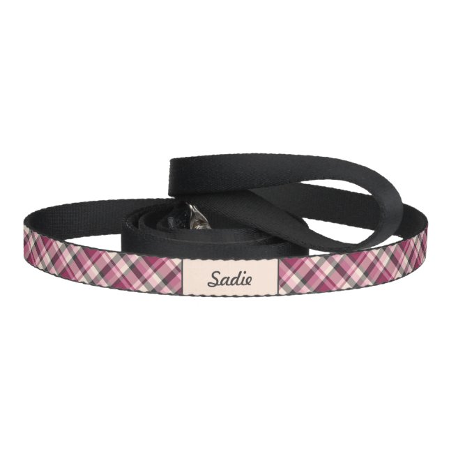 Pink, Cream And Gray Plaid Pattern & Custom Name Pet Leash (Handle)