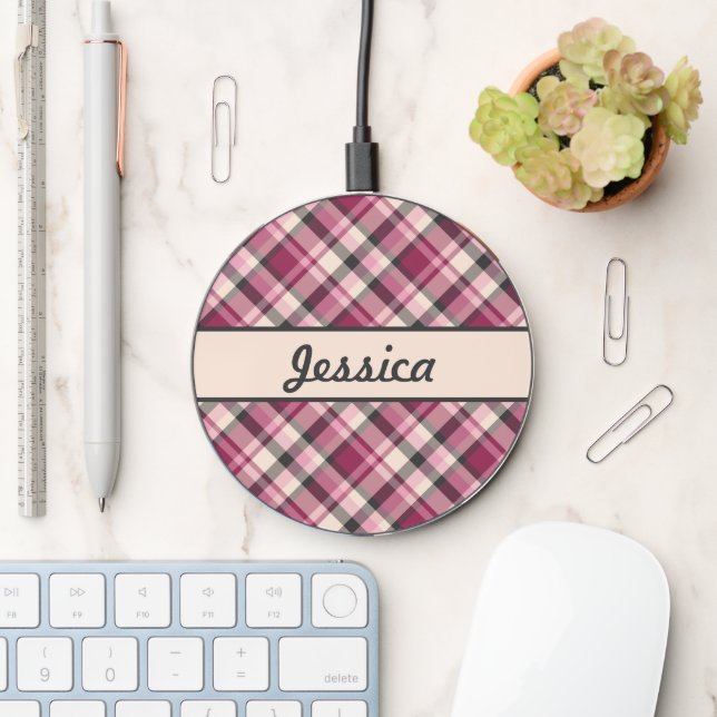 Pink, Cream And Gray Plaid Pattern With A Name Wireless Charger (Desk)