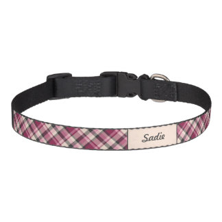 Pink Cream And Gray Plaid Pattern With Custom Name Pet Collar