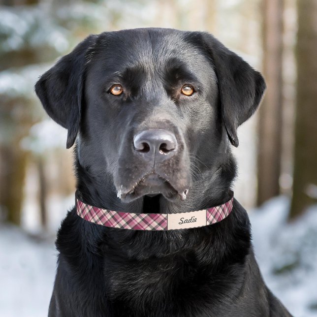 Pink Cream And Gray Plaid Pattern With Custom Name Pet Collar (Please note: This image is a digital mockup. The product may not be in scale.)