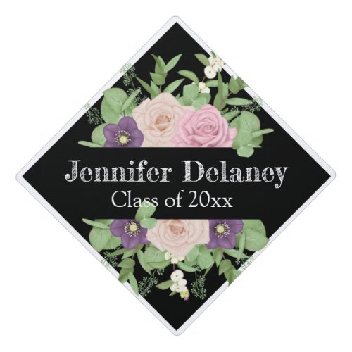 Pink Cream and Purple Floral Personalized  Graduation Cap Topper