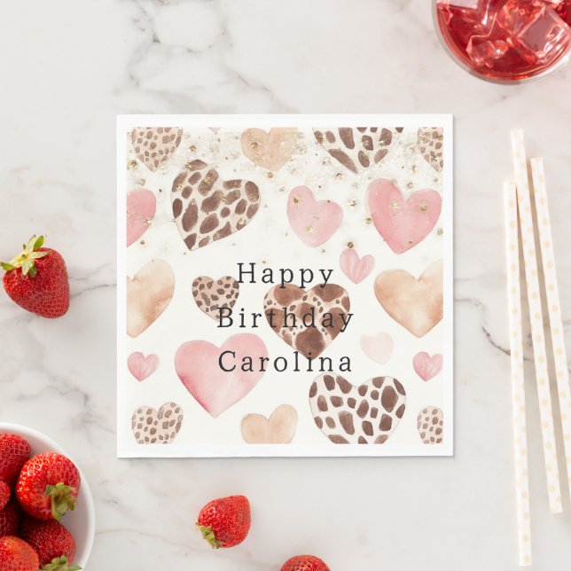 Pink Cream Animal Hearts Gold Sparkle Birthday Napkins (Insitu)