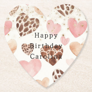 Pink Cream Animal Hearts Gold Sparkle Birthday Paper Coaster
